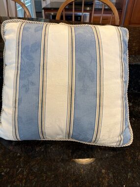 Blue and Cream Striped Accent Pillow with Rope Trim